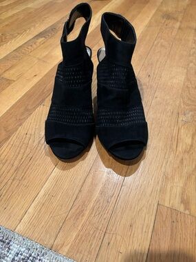 Audrey Brooke Black Suede Open-Toe Ankle Booties